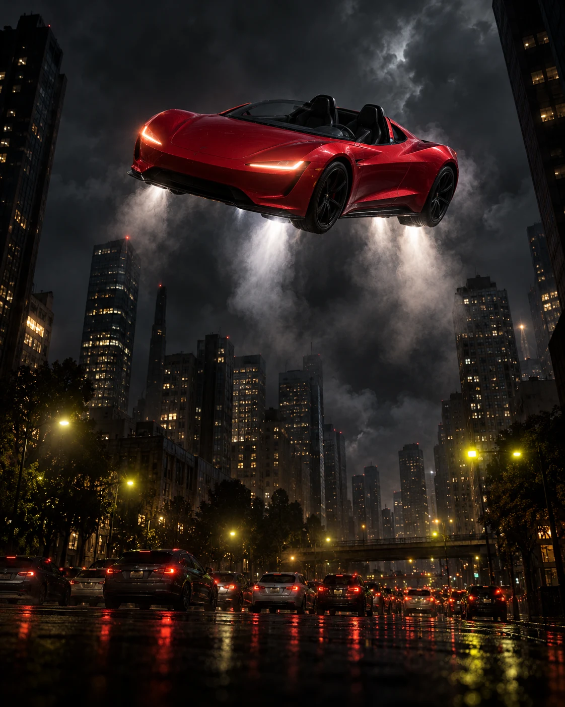 An airborne red Roadster above nighttime traffic in a cinematic fictional city